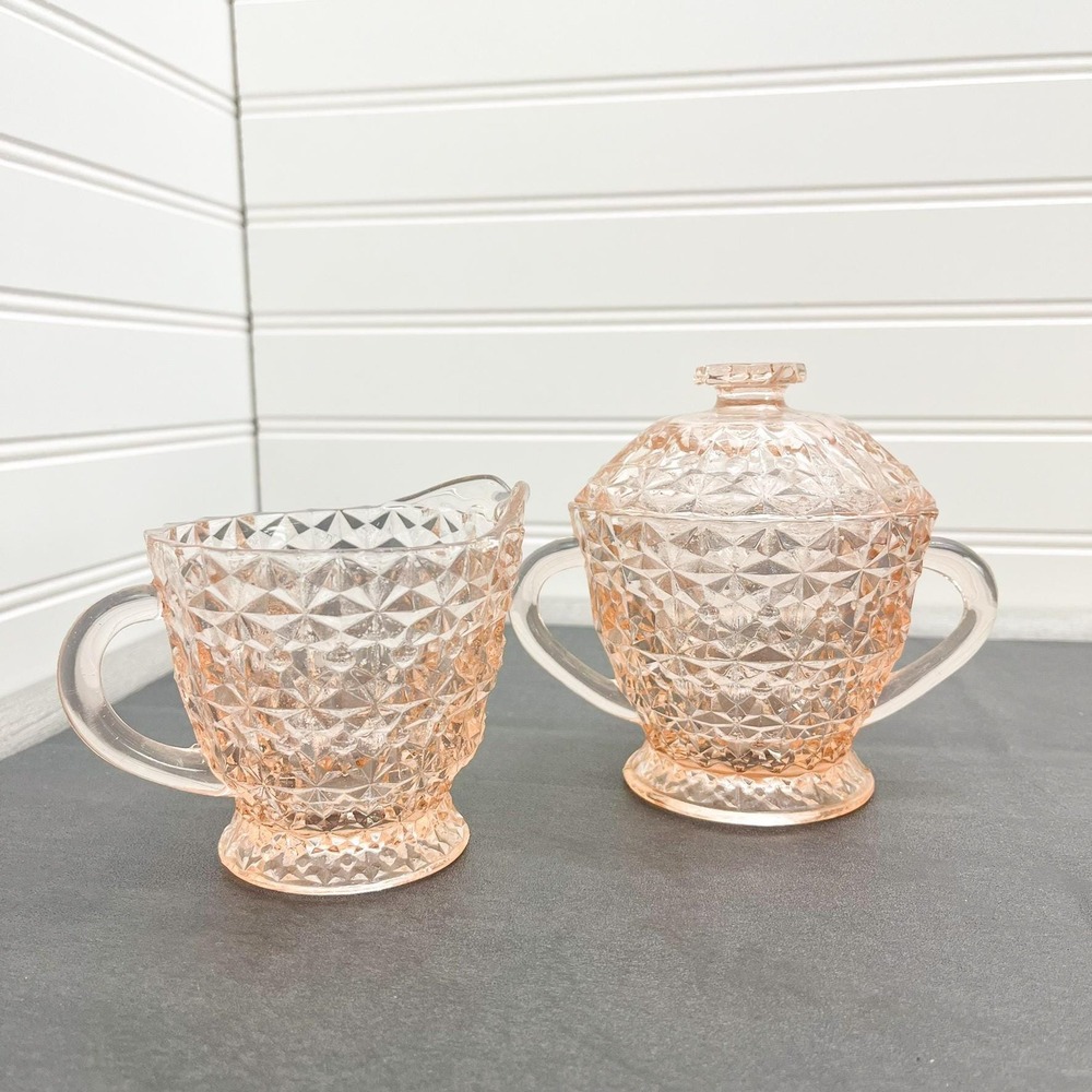 Vintage‎ Pink Glass Creamer Pitcher & Sugar Bowl - Ornate Pink Serving Dishes